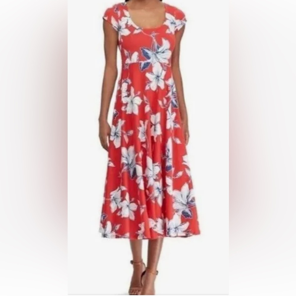 CHAPS🌺Floral TROPICAL Maxi DRESS Long Red Maxi Flare Hibiscis Flowers size Small - Picture 2 of 11